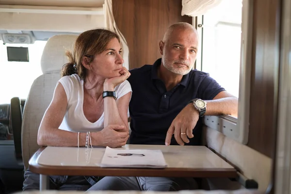 Couple Sitting Motorhome Looking Worried Expressions — Stock Photo, Image