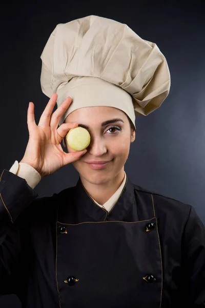Chef Woman Uniform Chef Hat Shows Colorful Macarons Isolated Black — Stock Photo, Image