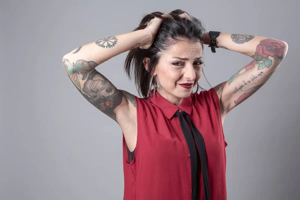 Portrait Beautiful Young Woman Tattoos Grey Background — Stock Photo, Image