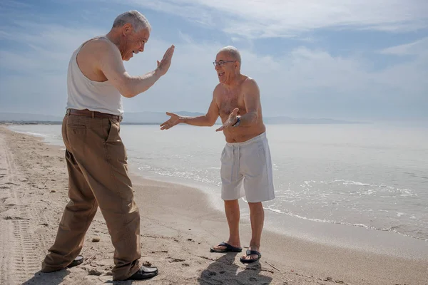 Ältere Männer Meer Spielen Badeanzug Ufernähe — Stockfoto