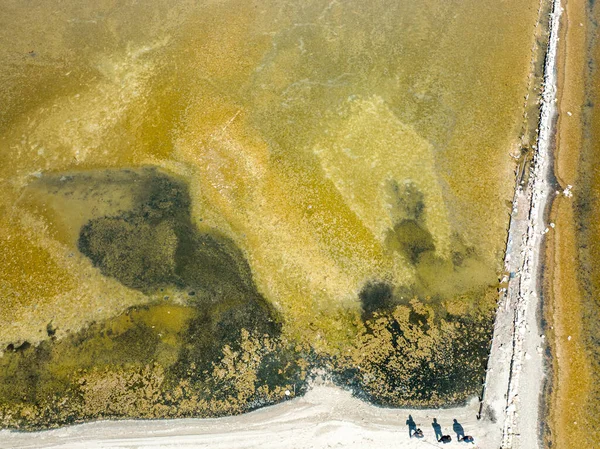 Panoramic Image Pond Taken Drone Middle Passes Narrow Road Separates — Stock Photo, Image