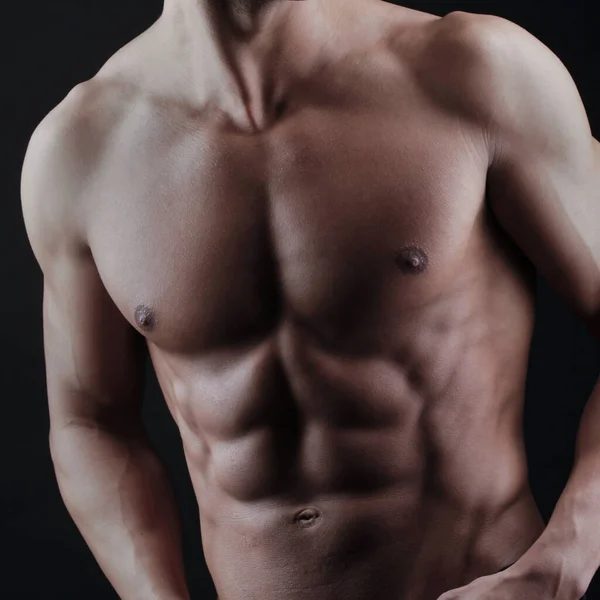 Close Muscular Man Naked Torso Black Background — Stock Photo, Image