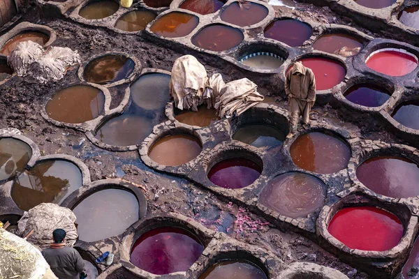 Den Traditionella Garveriet Hjärtat Medina Fez Marocko Med Färgbrunnar — Stockfoto
