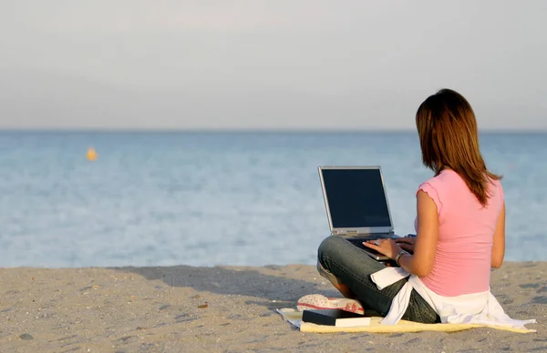 Young Woman Working Laptop Beach Stock Photo