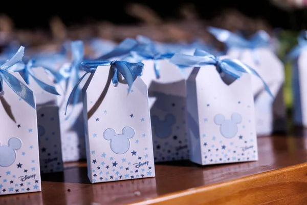 Closeup Shot Gift Boxes Blue Bows — Stock Photo, Image