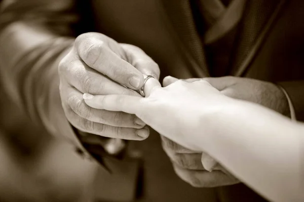 Bride Groom Holding Wedding Rings — Stock Photo, Image