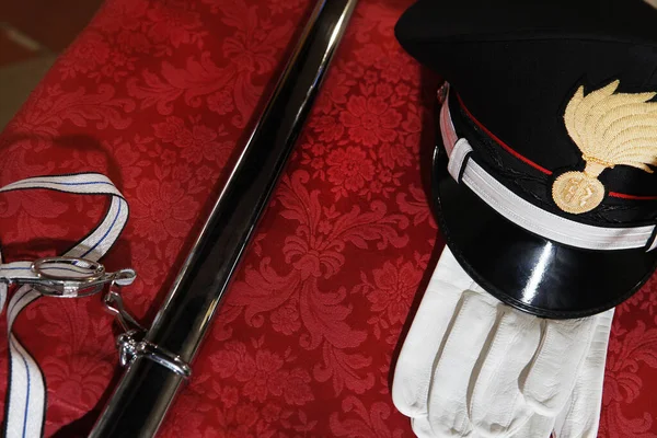 Close Red White Soldier Uniform Red Bow Black Handle — Stock Photo, Image
