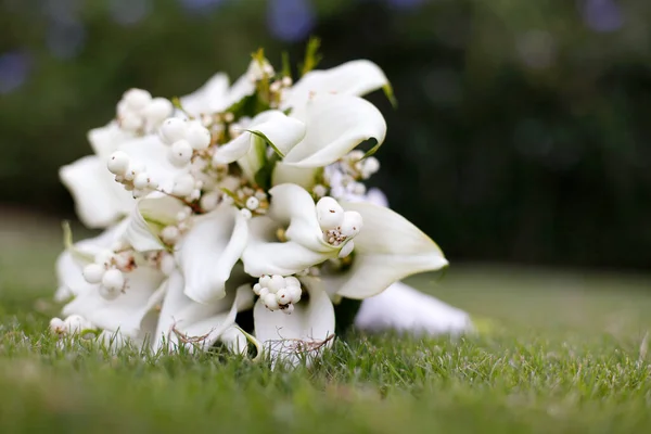 一束白百合花 婚礼花束铺在草地上 — 图库照片