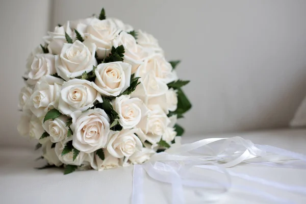 Bouquet Mariage Blanc Avec Roses Roses Blanches Roses Gros Plan — Photo