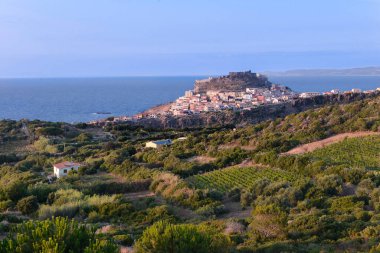 Yeşil tepelerin panoramik görüntüsü, sahil kasabası ve güzel deniz manzarası