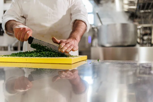 Koch Bereitet Einen Salat Einer Modernen Küche Profi Koch Bereitet — Stockfoto