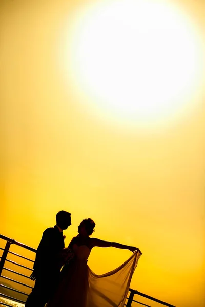 Silhueta Uma Noiva Noivo Durante Pôr Sol — Fotografia de Stock