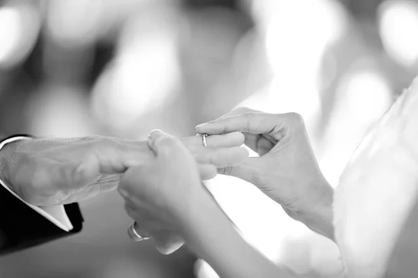 新郎の指に指輪をつける花嫁のクローズアップ — ストック写真