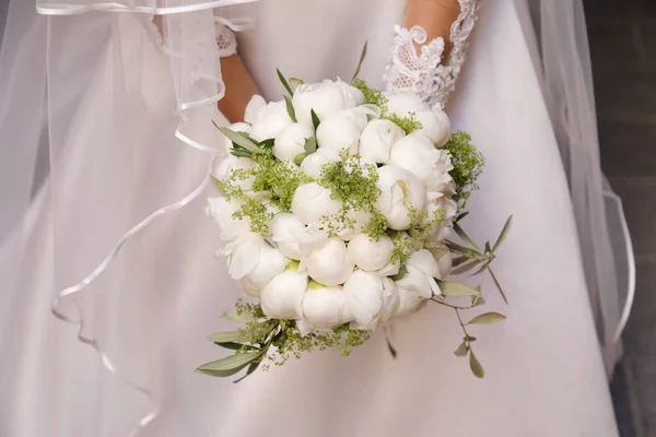 Mariée Avec Bouquet Fleurs Mariage Mains — Photo