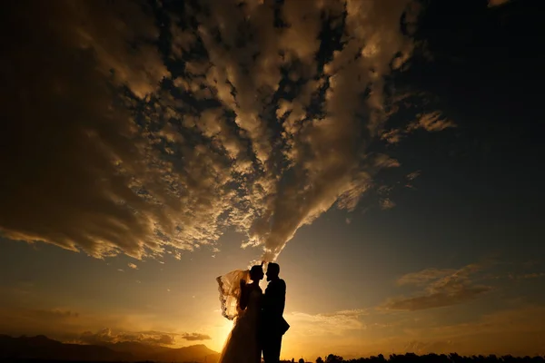 Silhueta Casamento Casal Pôr Sol — Fotografia de Stock