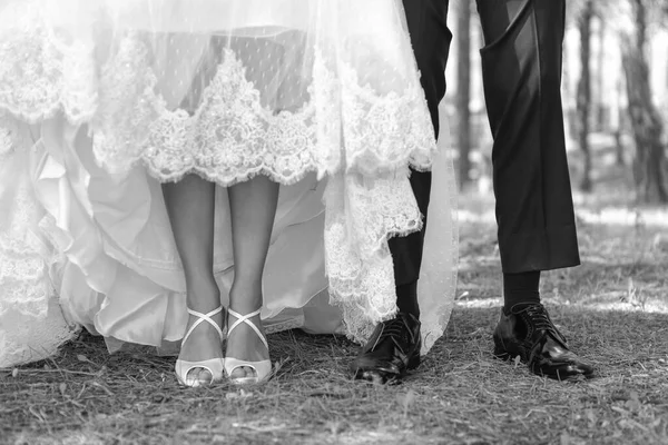 Noiva Noivo Segurando Sapatos Casamento Andando Parque Dia Casamento — Fotografia de Stock