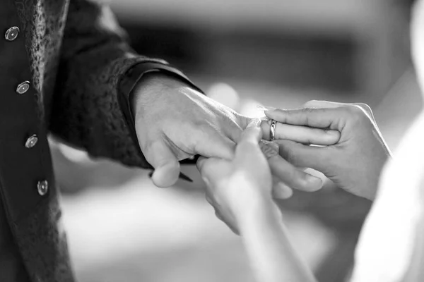 Groom Hand Holding Wedding Ring — Stock Photo, Image