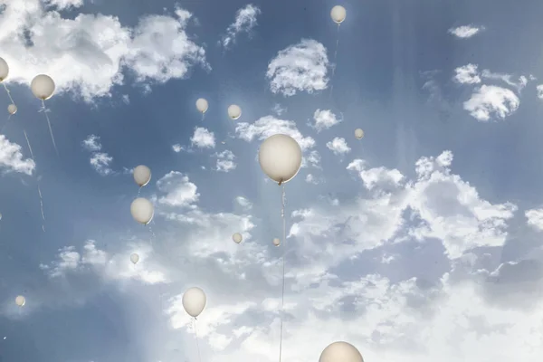 white balloons on sky background