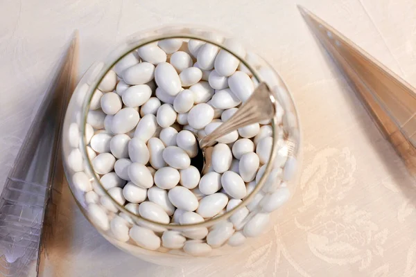 White Chocolate Candies Glass Bowl — Stock Photo, Image