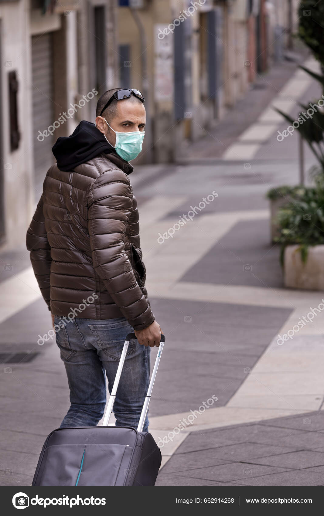 Dark Man Jacket Sunglasses His Head Wears Surgical Protective Mask