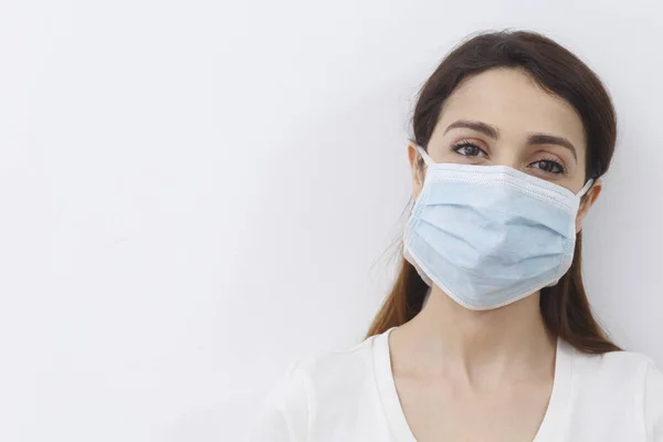 Portrait Fair Haired Girl Collected Dark Hair Wearing Protection Mask — Stock Photo, Image
