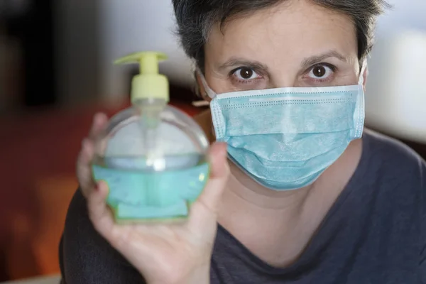 Woman Face Mask Bottle Sanitizing Gel — Stock Photo, Image