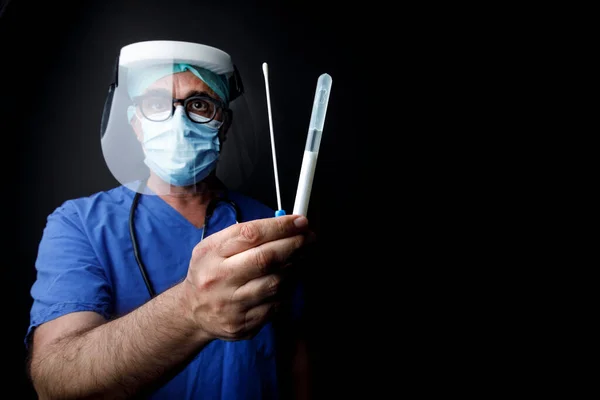 Doctor Surgical Protection Blue Lab Coat Shows Pharyngeal Swab Isolated — Stock Photo, Image