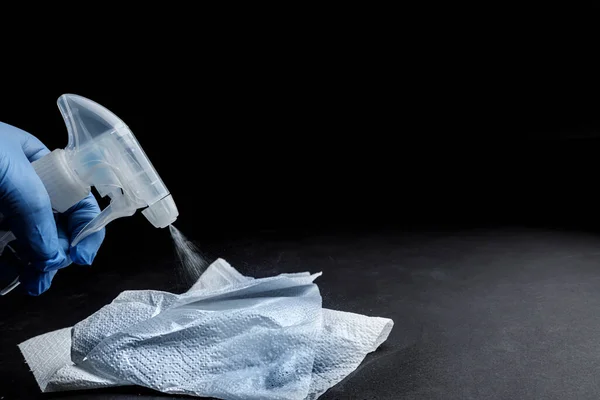 Hand Protective Glove Sprays Spray Nebulizer Cloth Isolated Black Background — Stock Photo, Image