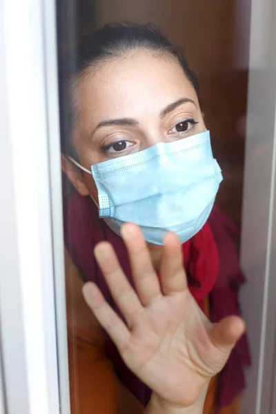 Woman Medical Mask Front Window — Stock Photo, Image