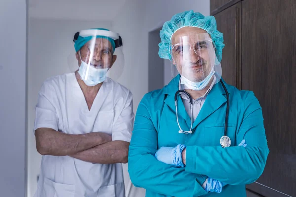 Portrait Two Confident Doctors Wearing Protective Masks — Stock Photo, Image