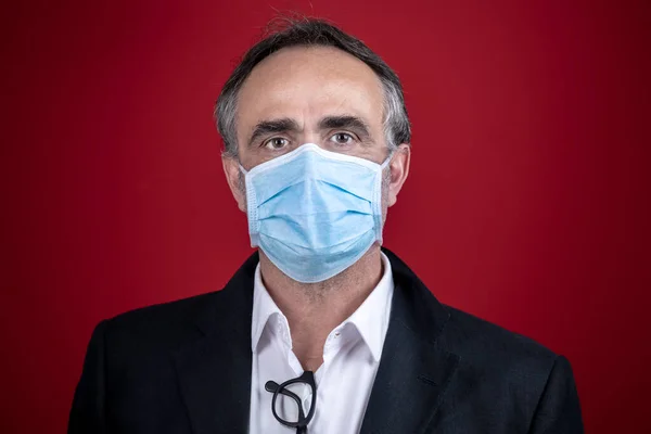 Portrait Man Wearing Surgical Mask Jacket Shirt Isolated Background — Stock Photo, Image