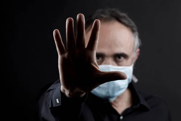 Homme Avec Des Gants Latex Masque Protection Indique Stop Avec — Photo