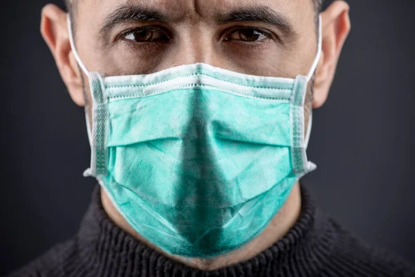 Man Shaved Hair Wearing Surgical Mask Black Sweater Isolated Black — Stock Photo, Image