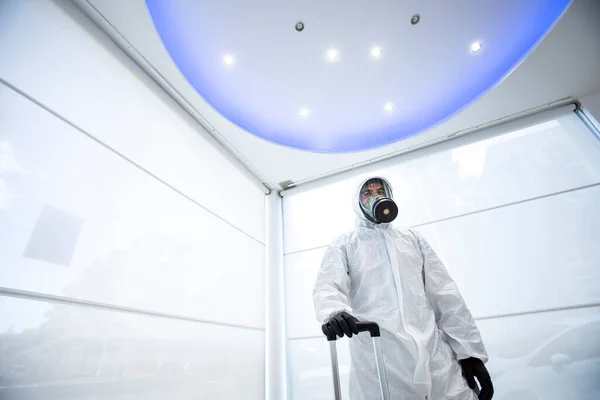 Technician Sanitation Premises Hospitals Professional Protective Suit Mask Isolated White — Stock Photo, Image