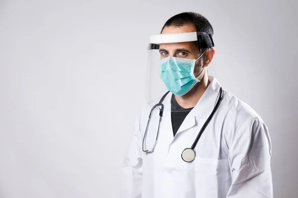 Doctor Surgical Mask White Coat Isolated White Background — Stock Photo, Image