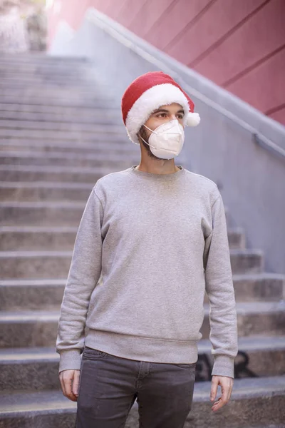 Young Man Wearing Protective Hat Face Mask Descends Underpass — Stock Photo, Image