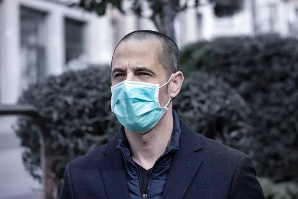 Portrait Homme Veste Carreaux Bleu Inquiet Avec Masque Antivirus Dans — Photo