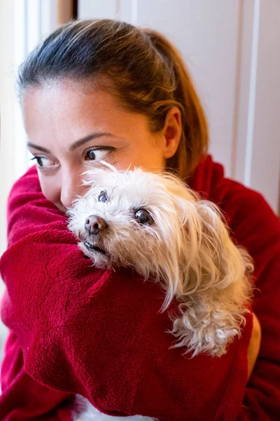 Retrato Mujer Joven Abrazando Perro Hogar —  Fotos de Stock