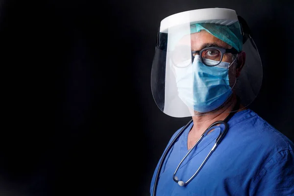 Doctor Protective Gear Blue Coat Isolated Black Background — Stock Photo, Image