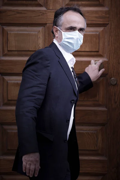 Portrait Middle Aged Man Jacket Protective Face Mask Front Doorway — Stock Photo, Image