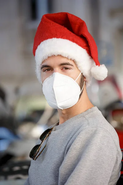 Young Man Wearing Santa Claus Mask Hat Outdoors — Stock Photo, Image