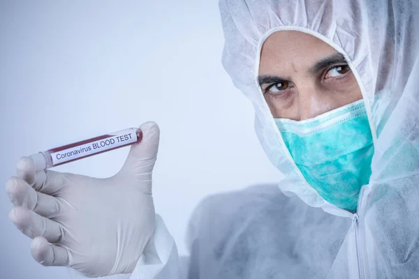 Doctor Protective Suit Mask Holding Tube Coronavirus Blood Test — Stock Photo, Image
