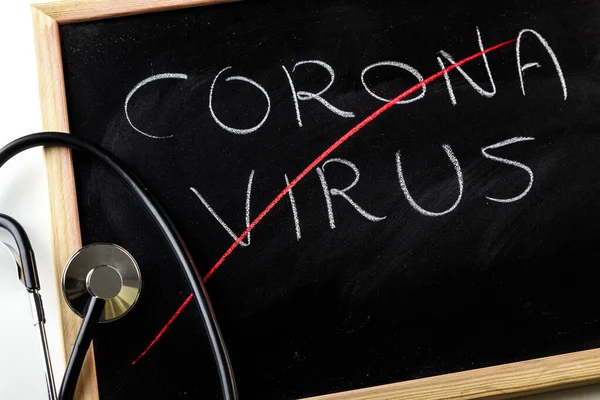 Quadro Negro Com Coronavírus Outros Elementos Médicos Relacionados Com Pandemia — Fotografia de Stock