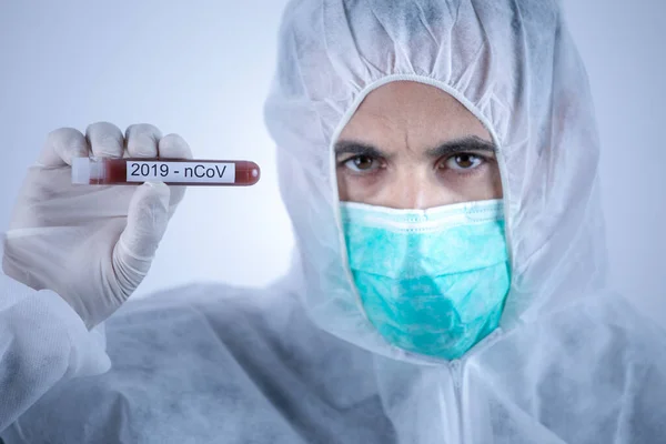 Researcher Looking Solutions Cure Coronavirus Isolated Light Background — Stock Photo, Image