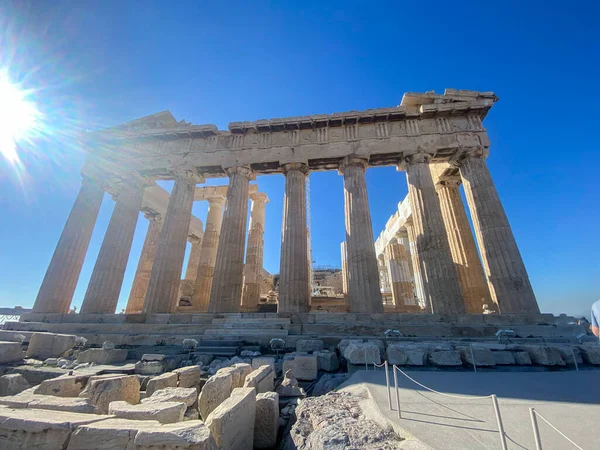 Ερείπια Της Ακρόπολης Στην Αθήνα Μια Όμορφη Μέρα Γαλάζιο Ουρανό — Φωτογραφία Αρχείου