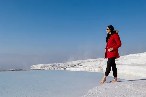 Dark Haired Woman Red Coat Resting Pools Pammukale Turkey — Stock Photo, Image
