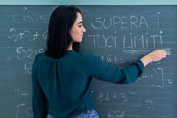 dark-haired teacher with green shirt writes on the blackboard the sentence in Italian language \