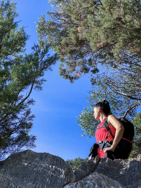 Belle Fille Brune Trekking Dans Chemin Entouré Par Nature — Photo