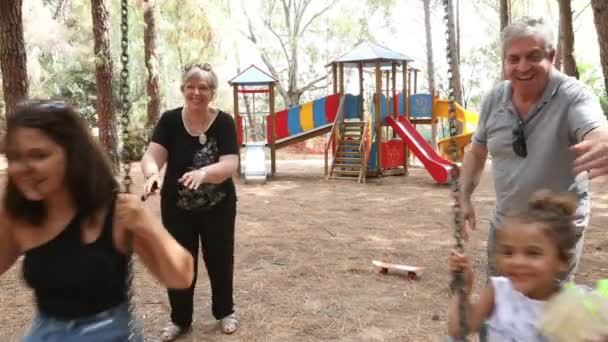 Familie Spielt Park Großeltern Mit Enkelinnen — Stockvideo
