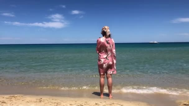 花のドレスとバンダナの女性のバックビューはビーチから海を見て — ストック動画